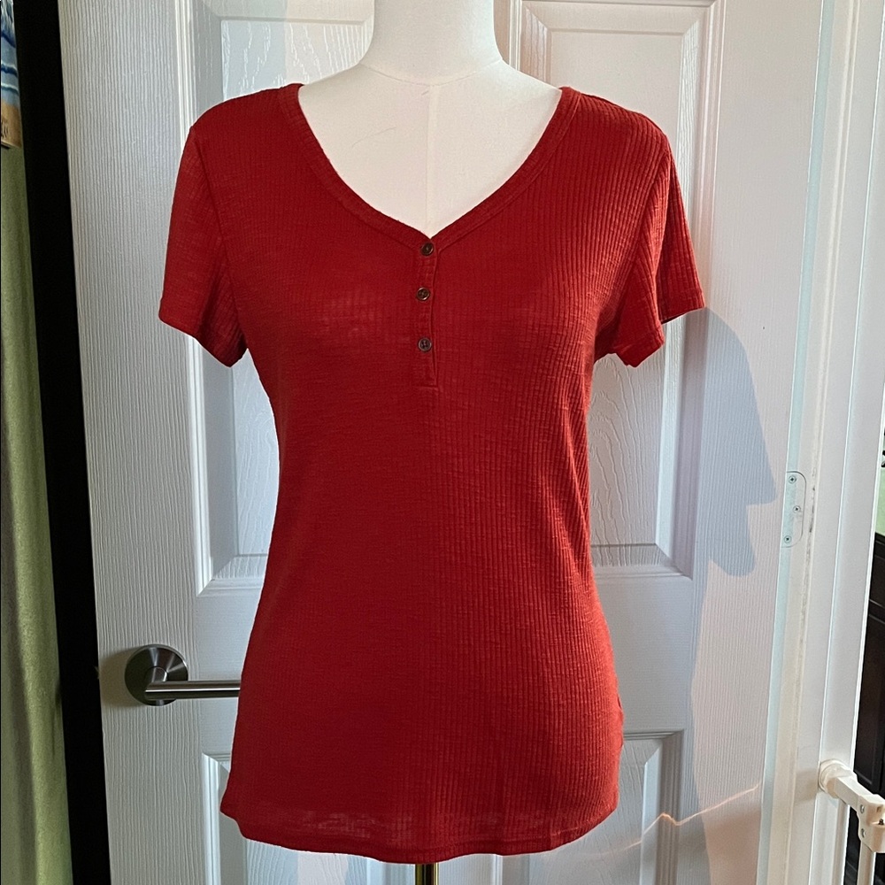Burnt Orange V-Neck Buttoned Women's Top